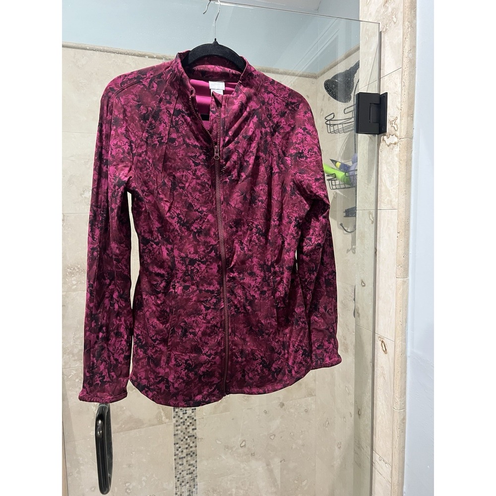 Chicos Zenergy Wine Red Animal Print Full Zip Jacket Womens Size 0 S 4/6